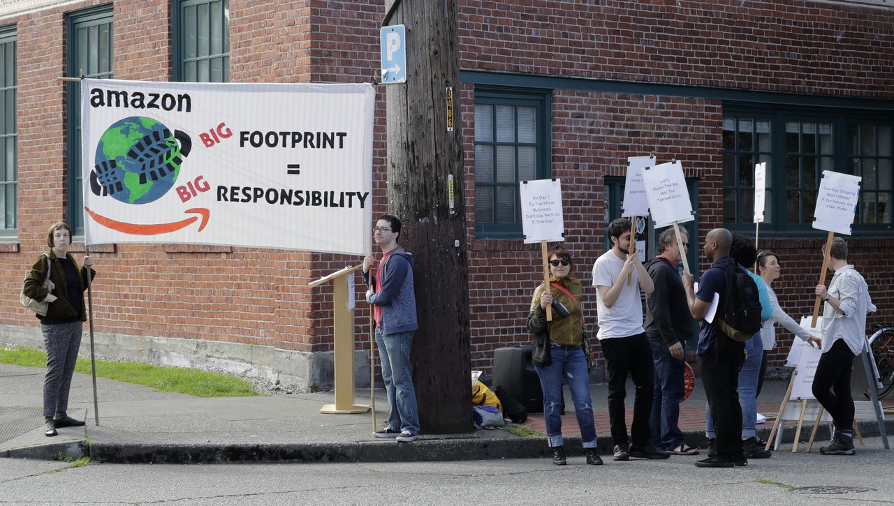 Protesters outside Amazon annual shareholders meeting May 2019.