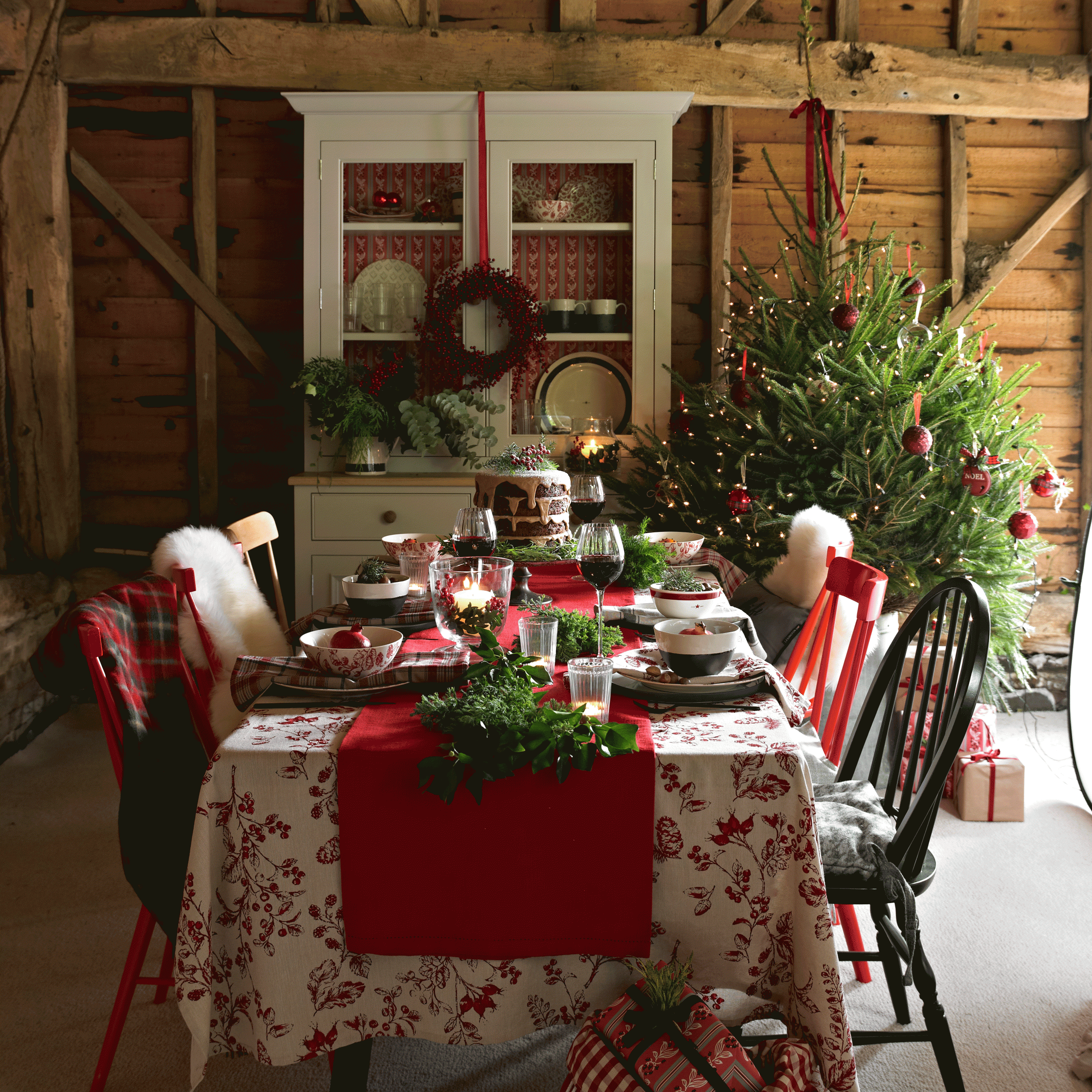 wooden house and long dining table with chair