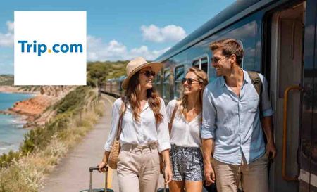 trip.com logo top left with friends of 3 talking alongside a train