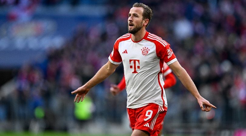 Harry Kane celebrates his first goal for Bayern Munich against Heidenheim in November 2023.