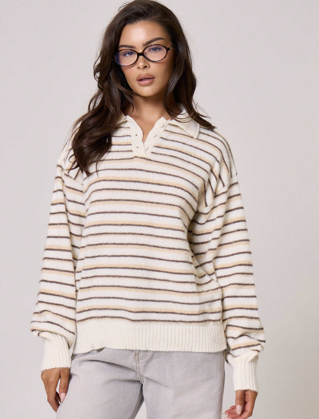 Musera, Knit Striped Collared Button Long Sleeve Polo Sweater in White