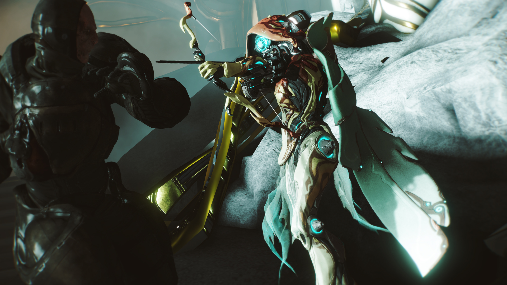 Best co-op games - Warframe - A player draws a bow at an enemy