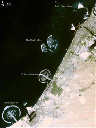 From south to north, the artificial island sites in this image are Palm Jebel Ali, Palm Jumeirah, The World, and Palm Deira. This NASA Terra satellite image was captured on Sept. 18, 2006.