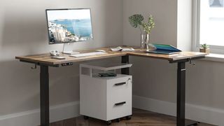 Fezibo L-Shaped standing desk 63 inches by 55 inches.