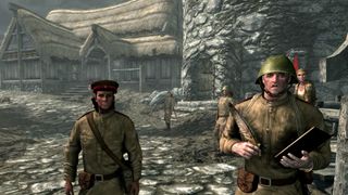 Hadvar and the Imperial Officer interrogate the player at the start of Skyrim. They are dressed in Red Army uniforms.