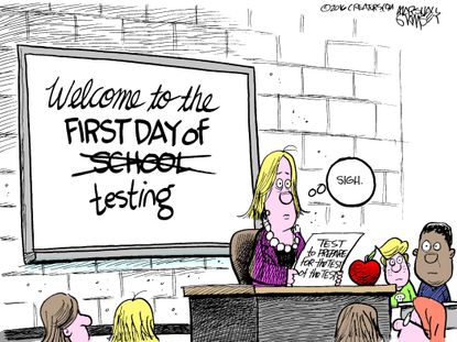 Editorial cartoon U.S. First day of school testing