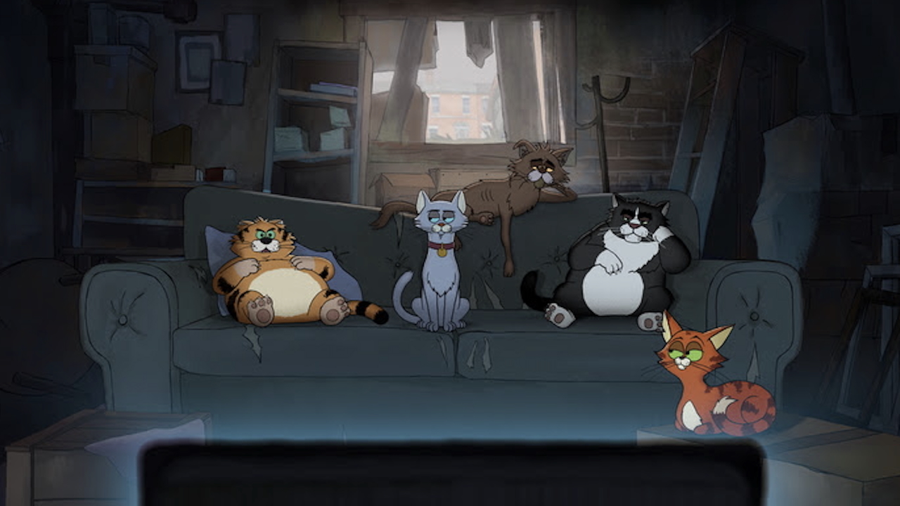 Cats sitting on coach watching TV in Netflix's Alley Cats