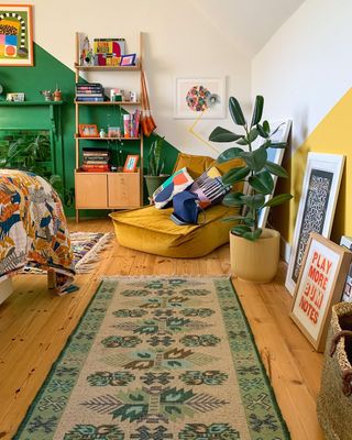 A colorful room with a runner rug on the floor