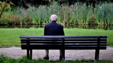 An older man sits on a park bench alone, facing away from the camera.