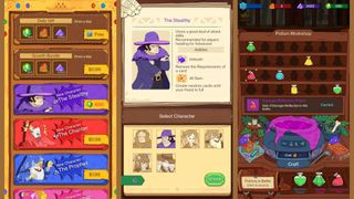 A collection of three images from Dicey Elementalist. The first is the in-game shop with extra characters for purchase, the second is the character sheet for The Stealthy, and the third is the potion crafting shop.