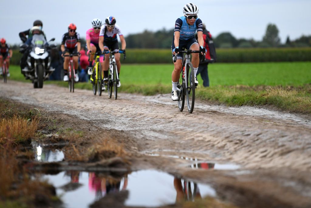 ROUBAIX FRANCE OCTOBER 02 Trixi Worrack of Germany and Team Trek Segafredo competes through cobblestones sector during the 1st ParisRoubaix 2021 Womens Elite a 1164km race from Denain to Roubaix ParisRoubaixFemmes ParisRoubaix on October 02 2021 in Roubaix France Photo by Tim de WaeleGetty Images