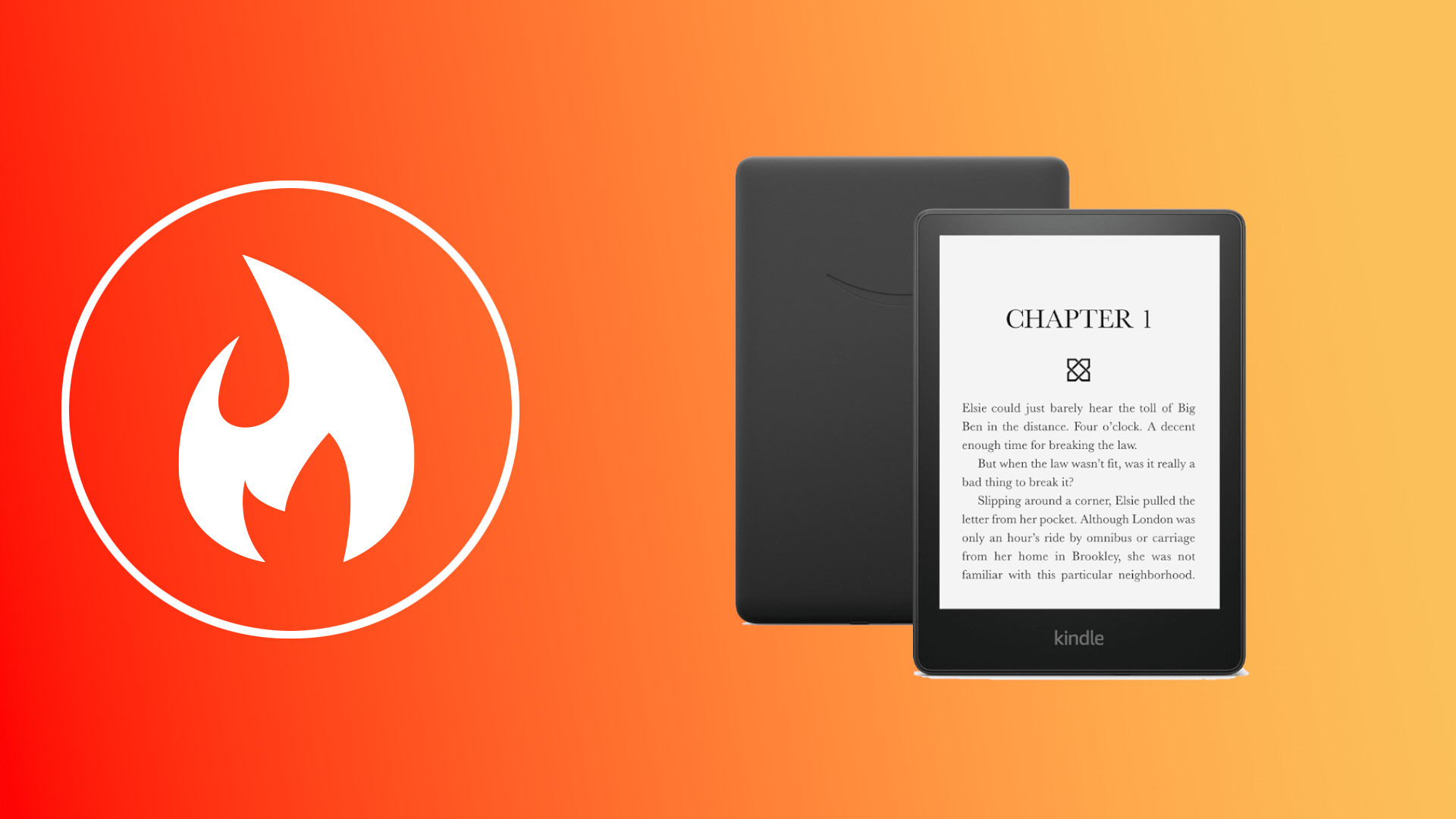 Kindle Paperwhite on orange background with fire symbol