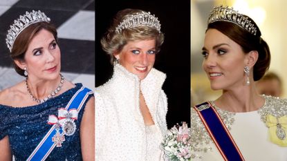 A collage of 3 images with Queen Mary looking to the left wearing a blue sequined top and pearl and diamond tiara, Princess Diana in the center wearing a pearl covered white dress and jacket with a pearl and diamond tiara, and Kate Middleton on the left wearing a white gown and blue sash with a pearl and diamond tiara