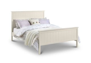 Arley Single Wooden Bed Frame with a tongue-and-groove design in a stone white lacquer finish, bed made up with a light purple stripe duvet set