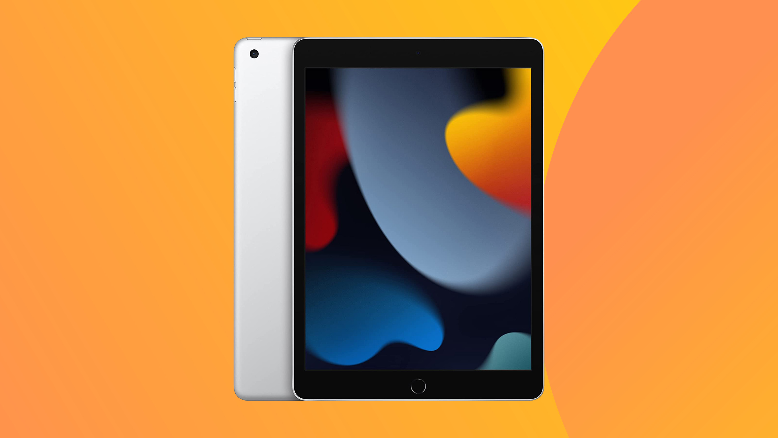 product shot of the silver 10th Gen iPad on a colourful background