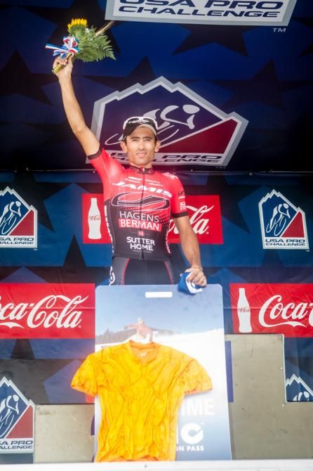 Janier Acevedo (Jamis-Hagens Berman) on the podium after the stage win.