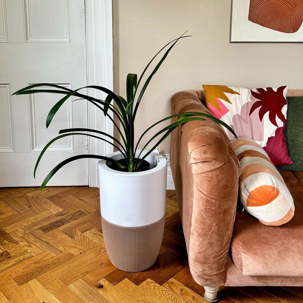 A Dupray Bloom air purifier with a ribbon plant in a living room with orange loaf sofa and colourful cushions 