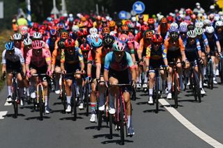 The peloton riding stage one of the Tour de France Femmes 2024