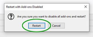 A restart button highlighted in a browser pop-up window.