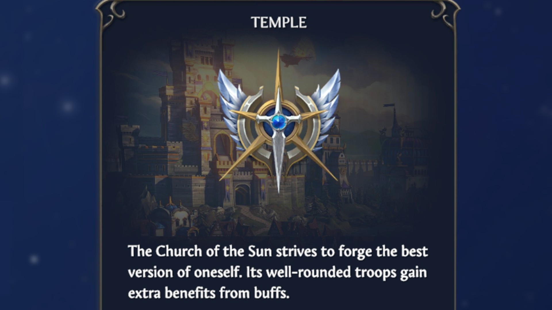 The Temple Faction description and their winged cross icon in HoMM Olden Era.
