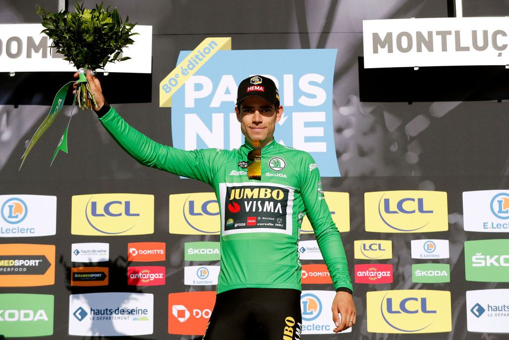 MONTLUCON FRANCE MARCH 09 Wout Van Aert of Belgium and Team Jumbo Visma celebrates winning the green points jersey on the podium ceremony after 80th Paris Nice 2022 Stage 4 a 134km individual time trial from Domrat to Montluon ParisNice WorldTour on March 09 2022 in Montlucon France Photo by Bas CzerwinskiGetty Images