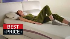 Best Labour Day mattress deals, woman lying on a Purple mattress with a T3 best deal badge