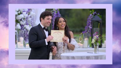 zack and bliss on their wedding day in love is blind season 4 holding up their marriage certificate