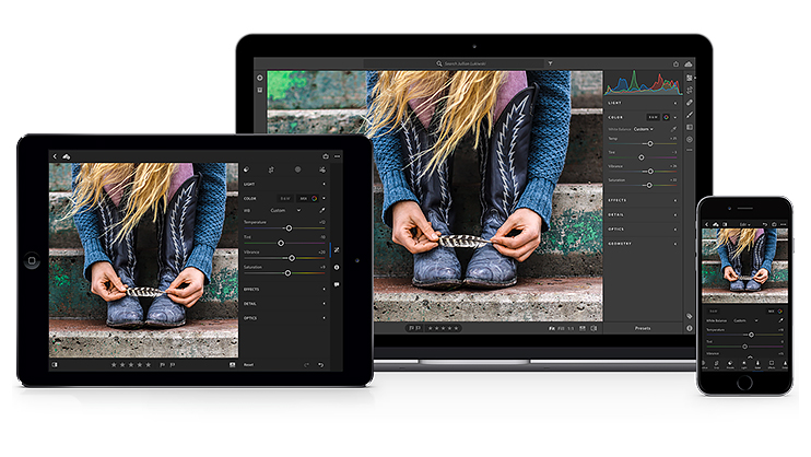 Lightroom CC screen shown on a tablet, laptop and phone