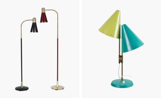 LEFT: Two tall slim table lamps with bent heads in red and green with circular base photographed against a green background. RIGHT: two-headed table lamp in 2 colours line and green with circular base photographed against a green background