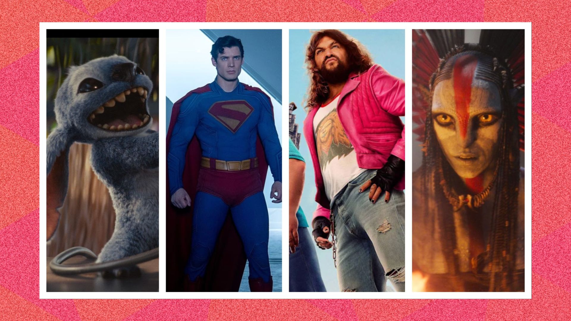 an image of four characters from four of the best films of 2025 spliced together against a pink patterned background