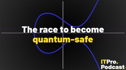 The text "The race to become quantum-safe" against a blue ECC graph, with the ITPro Podcast logo in the corner. The words "quantum-safe" are in yellow, the rest are in white.