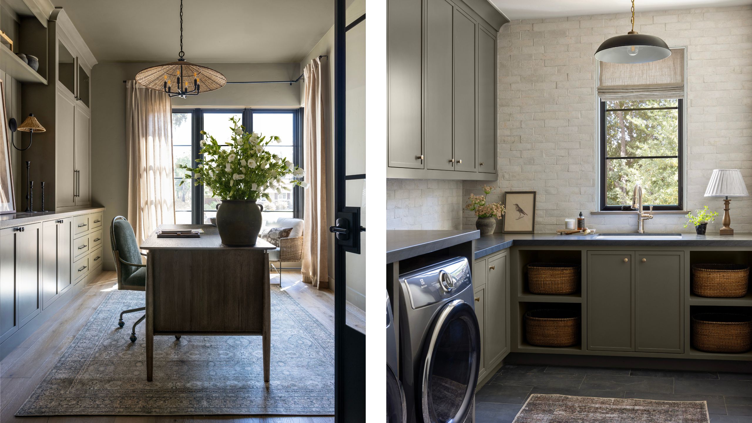 two side by side images of a moody green home office on the left and a green painted laundry room with tiled walls and baskets
