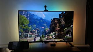 Nanoleaf 4D Screen Mirroring kit set up on a gaming monitor.