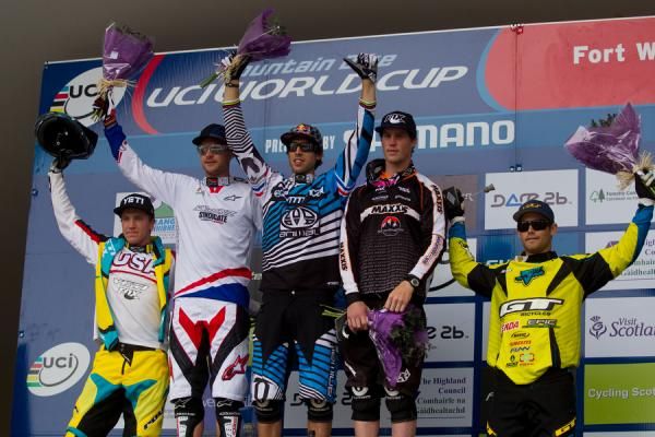 The elite men's podium at the 2010 Fort William Downhill World Cup.