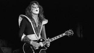 Guitarist Ace Frehley of Kiss performs at Atlanta-Fulton County Stadium on August 29, 1976 in Atlanta, Georgia.