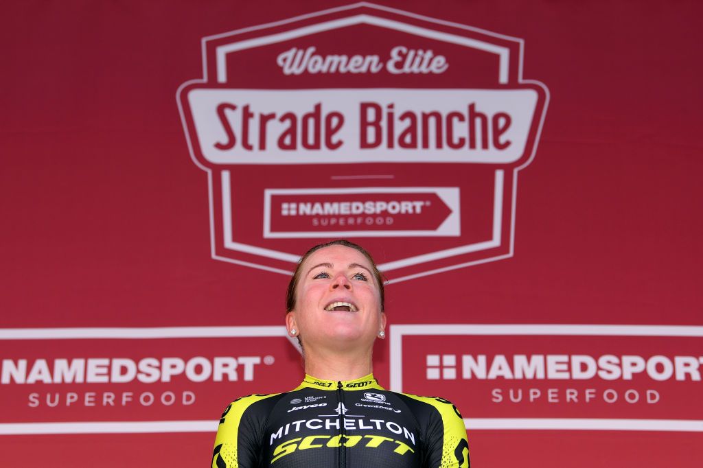 SIENA ITALY MARCH 09 Podium Annemiek van Vleuten of The Netherlands and Team Mitchelton Scott Celebration during the 5th Strade Bianche 2019 Women a 136km race from Siena to Siena Piazza del Campo StradeBianche Eroica on March 09 2019 in Siena Italy Photo by Luc ClaessenGetty Images