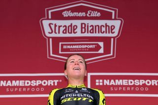 SIENA ITALY MARCH 09 Podium Annemiek van Vleuten of The Netherlands and Team Mitchelton Scott Celebration during the 5th Strade Bianche 2019 Women a 136km race from Siena to Siena Piazza del Campo StradeBianche Eroica on March 09 2019 in Siena Italy Photo by Luc ClaessenGetty Images