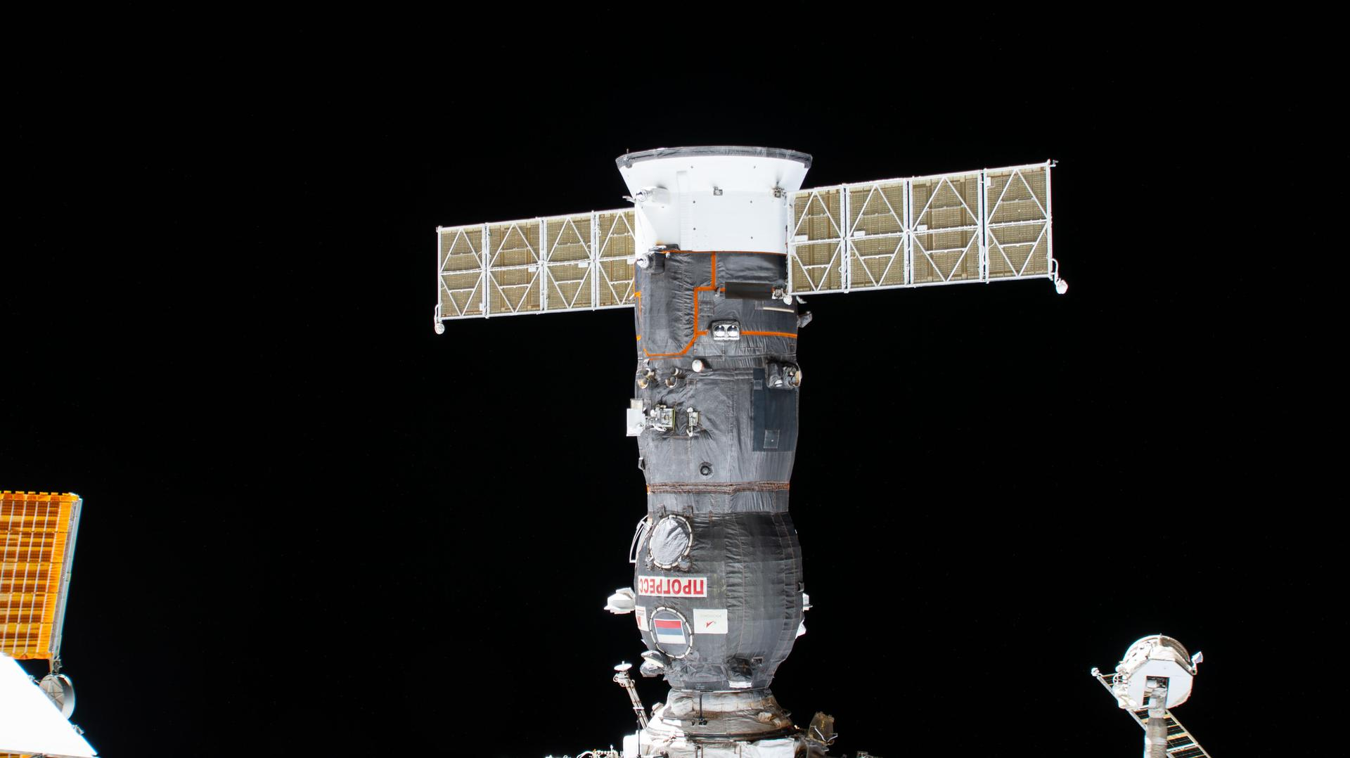 The Progress 92 cargo craft is pictured docked to the International Space Station’s Poisk module after delivering about three tons of food, fuel, and supplies for the Expedition 73 crew on July 5, 2025.