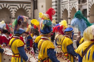 Traditional costumes at the Calcio Storico parade in Florence, Italy.