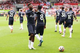 Emerson Royal of Tottenham Hotspur celebrates after scoring the team's second goal during the Premier League match between Brentford FC and Tottenham Hotspur at Gtech Community Stadium on August 13, 2023 in Brentford, England.