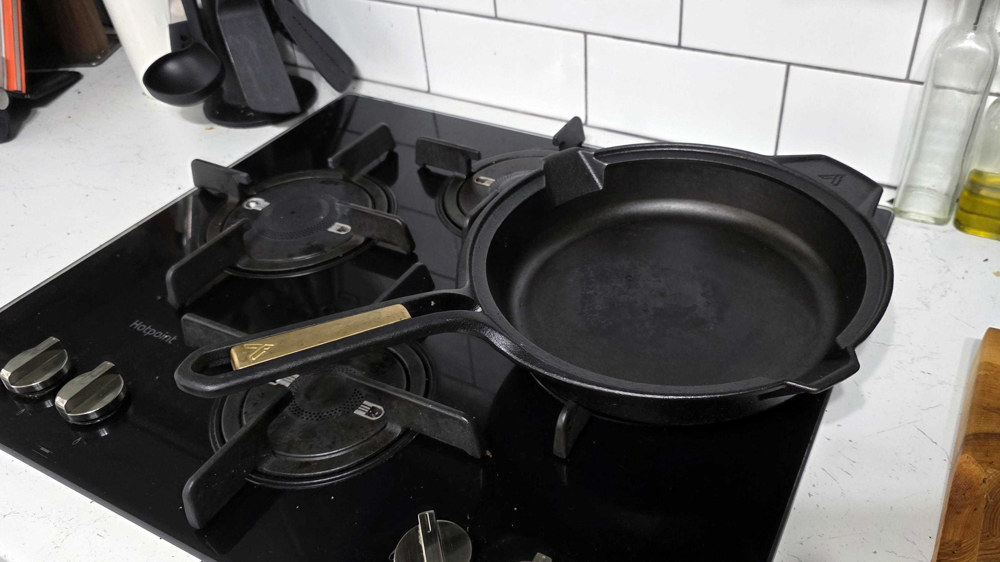 Cast iron skillets on a gas stove