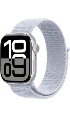 Apple watch in silver with a grey strap 