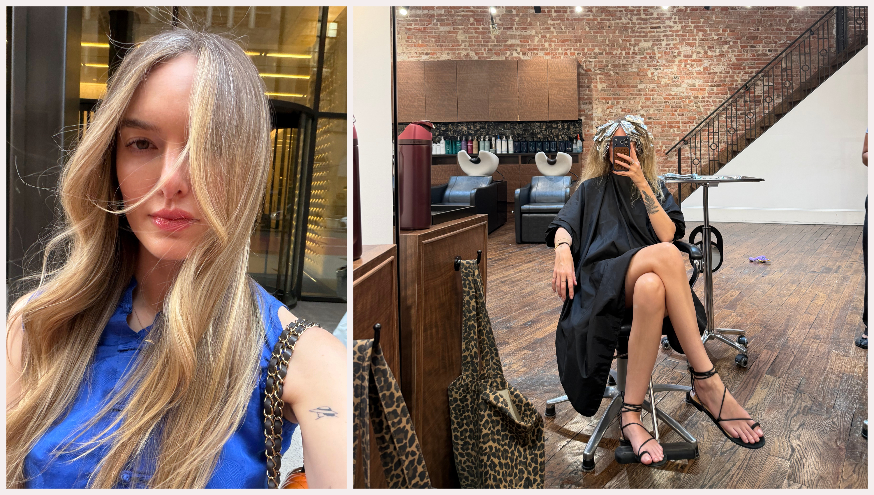 on the left is a woman with long blonde wavy hair and a blue shirt. the right image features a woman with hair foils and a black robe on in a hair salon with her legs out and a cheetah bag