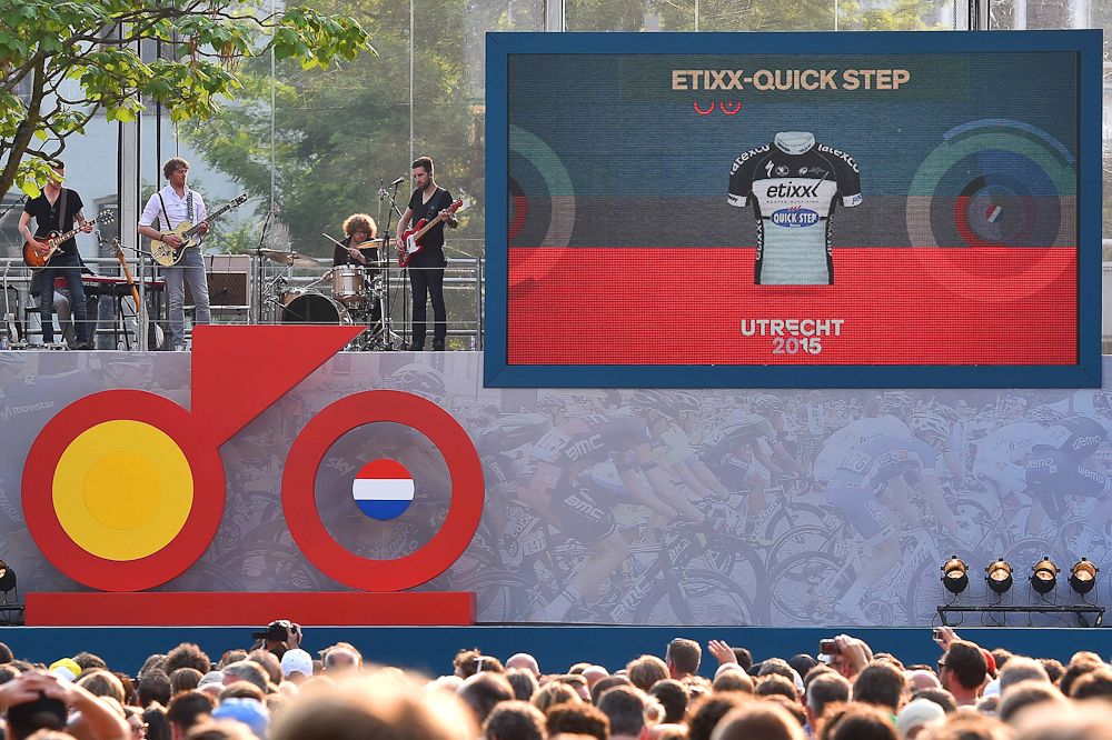 On stage during the 2015 Tour de France team presentation in Utrecht