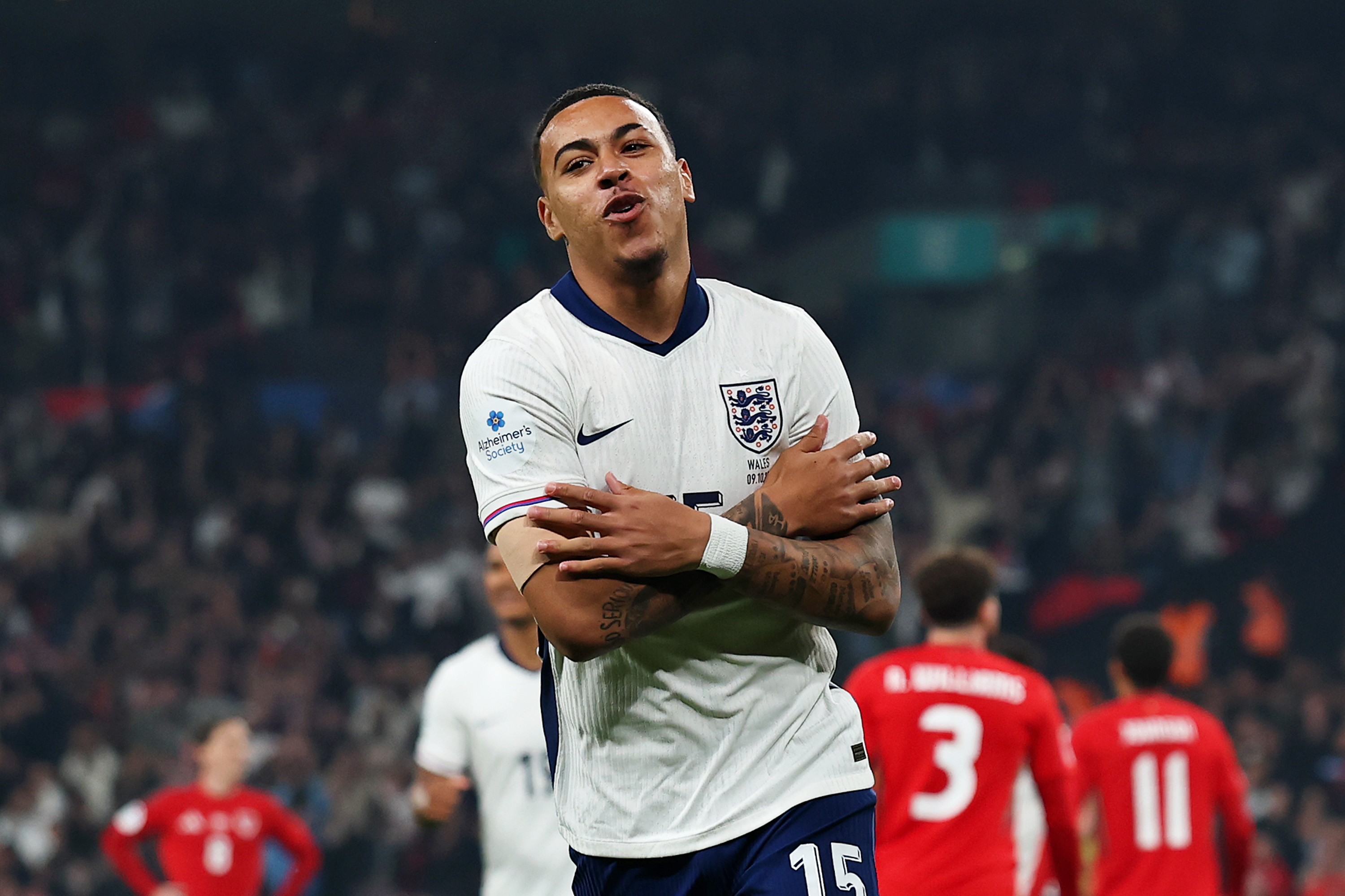 LONDON, ENGLAND - OCTOBER 09: Morgan Rogers of England celebrates scoring his team&amp;apos;s first goal during the International Friendly between England and Wales at Wembley Stadium on October 09, 2025 in London, England. (Photo by Eddie Keogh - The FA/The FA via Getty Images)