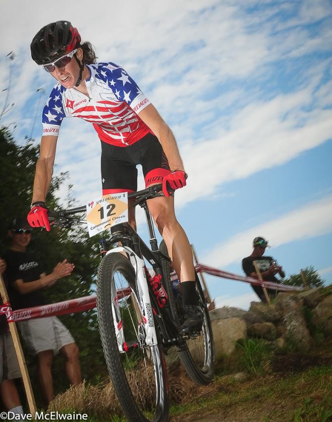 Lea Davison (Specialized) in the air at the first double drop