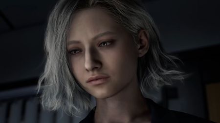 Close-up of Grace Ashcroft from the Resident Evil Requiem reveal trailer. She's got short, platinum blonde hair and looks like a young adult. 