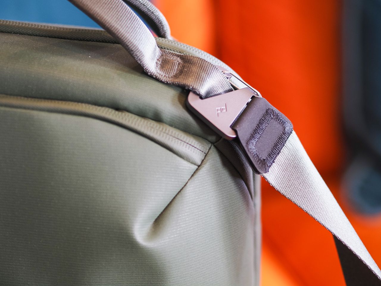 Closeup of the strap of the Peak Design Travel Weekender 25L bag