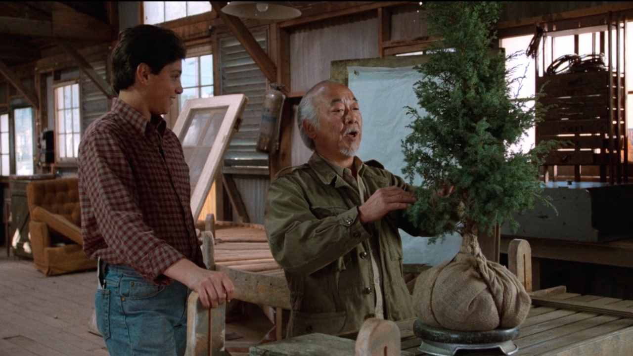Daniel and Mr Miyagi with a bonsai tree in The Karate Kid Part III