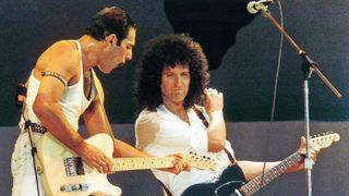Queen’s Freddie Mercury and Brian May perform at Live Aid in July 1985